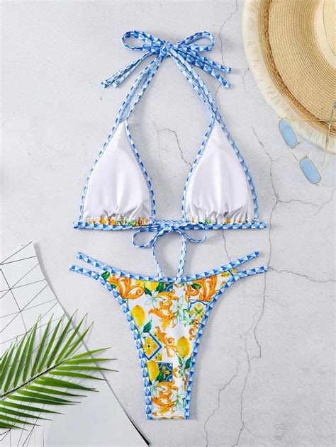 SHEIN Swim Vcay Baroque Printed Triangle Cup Halter Neck Bikini