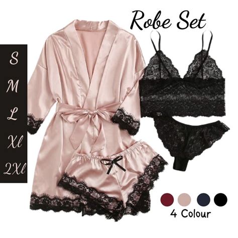 4 Pcs Robe Set Satin Camisole Set Sexy Lingerie Sexy Sleepwear Baju Tidur S 2XL PS044 Shopee