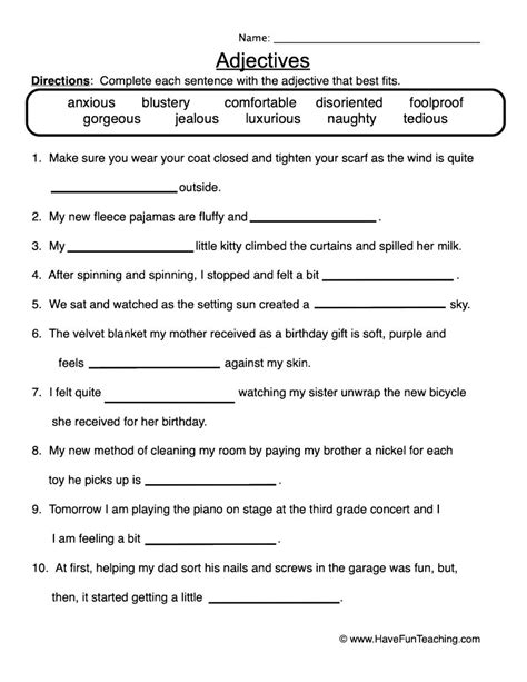 Adjectives Fill In The Blanks Worksheet By Teach Simple