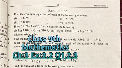 Chap 3 Logarithm Exercise 3 2 Q1 2 3 9th Class Mathematics Maths 9