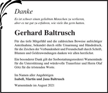 Traueranzeigen Von Gerhard Baltrusch Trauer Nordkurier