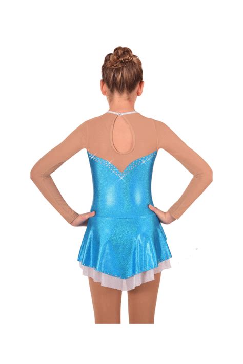 Maillot De Patinaje Lycra Brillante Azul Holograma Y Tul Carne