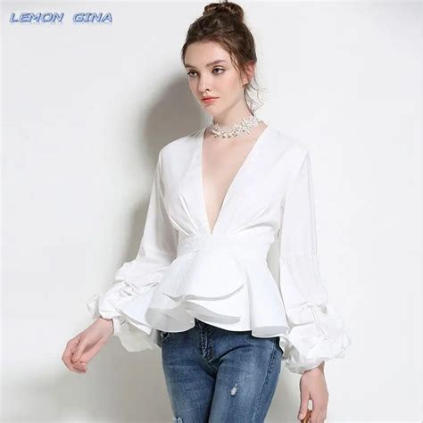 Lemon Gina Women Fashion Ruffles Blouse Deep V Neck Ladies Elegant Tops Clothing Shirts Tops