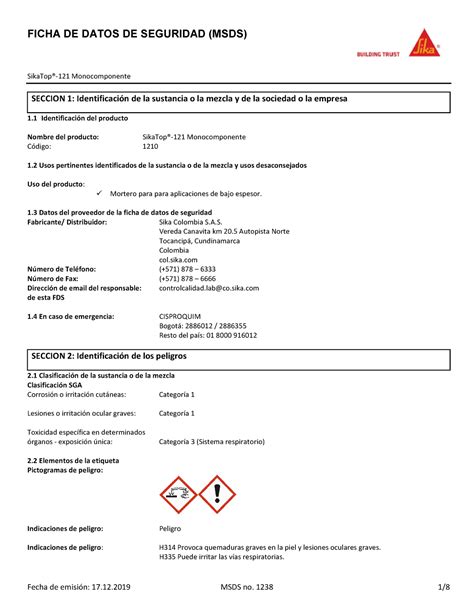 Co Hs Sika Top 121 Monocomponente Ficha De Datos De Seguridad Msds