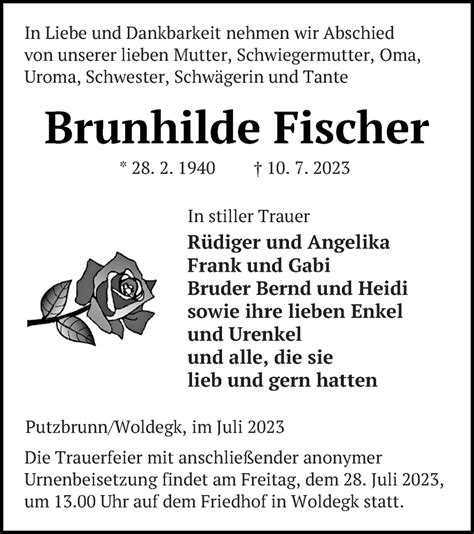 Traueranzeigen Von Brunhilde Fischer Trauer Nordkurier