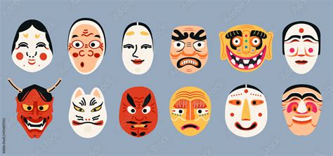 Japanese Kabuki Theater masks collection. Ancient Korean mask elements set. Ethnic Asian costume ...