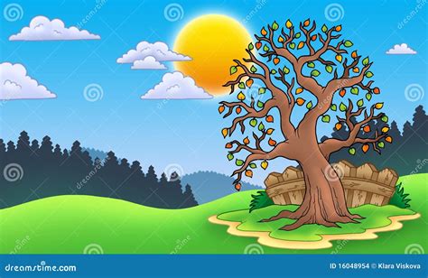 Árbol Frondoso En Paisaje Del Otoño Stock de ilustración Ilustración