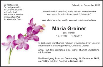 Traueranzeigen Von Maria Greiner ZVW Trauer