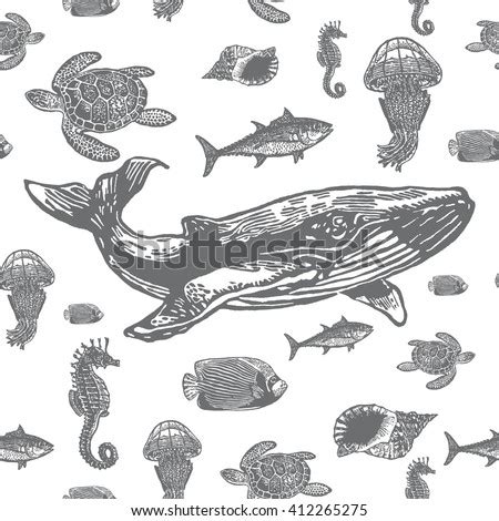 Sea Animals Black White Seamless Vector Stock Vector 412265275 ...