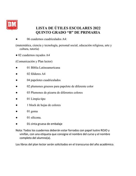 Lista de útiles escolares quinto grado b 2022 PDF