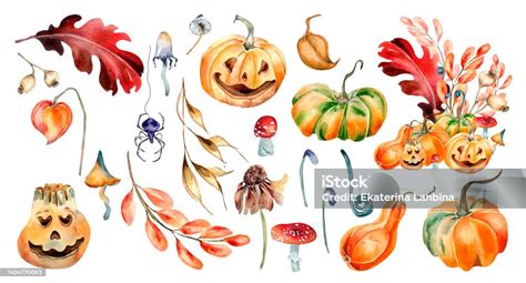 Clipart Of Halloween Colorful Plants Watercolor Illustration Isolated On White Background Stock