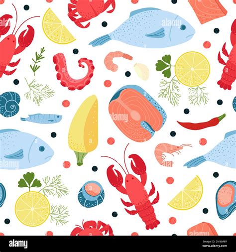 Seafood Seamless Pattern Red Black Caviar Vegetable And Fish Flat