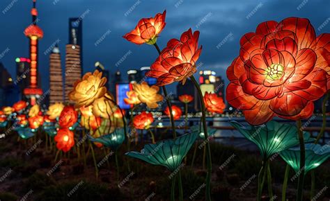 Premium Photo Lit Up Flowers At Night View With Cityscape Background