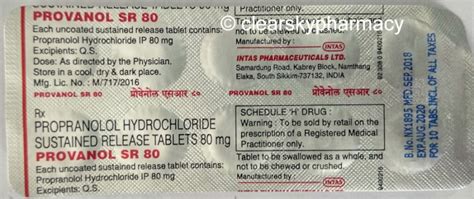 Provanol SR 40 Mg 60 Mg 80 Mg Propranolol Hydrochloride Sustained