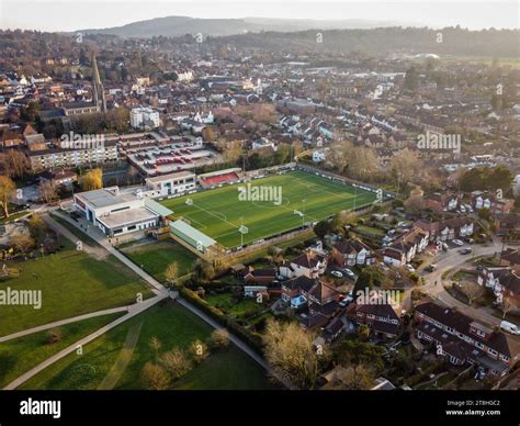 Dorking, Surrey, UK- Aerial view of Dorking Wanderers FC stadium Stock ...