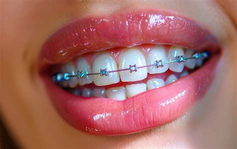 Young Girl Shows Her Smile with Braces on Her White Teeth. Stock Photo ...