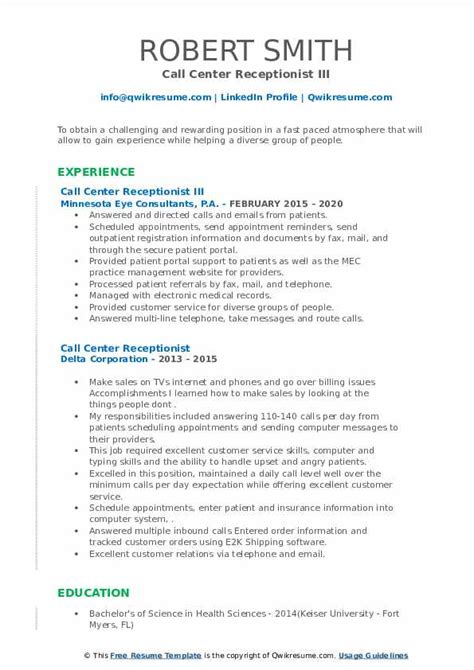 Call Center Receptionist Resume Samples Qwikresume