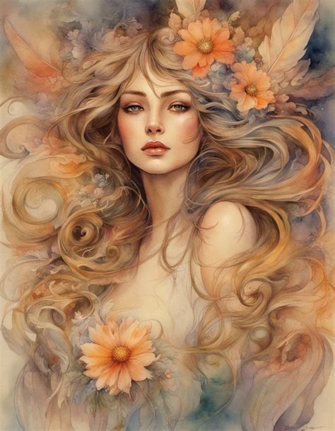 A Painting Of A Woman With Long Hair And Flowers On Her Head In The