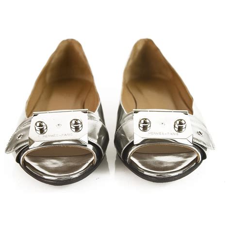 Hermès Silver Leather Hermes Open Flats With Palladium Plaques Silvery