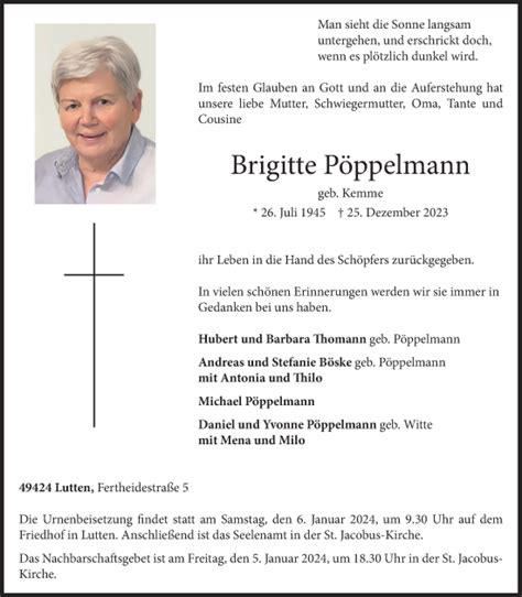 Traueranzeigen Von Brigitte P Ppelmann Om Trauer De