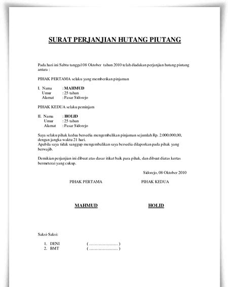 16 Contoh Surat Perjanjian Hutang Piutang Yang Sah Contoh Surat