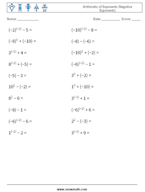 exponents-arithmetic exponents Worksheets,Math Worksheets, Math Drills