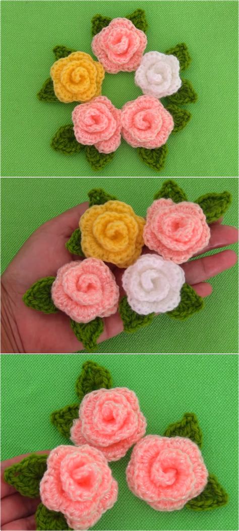 Crochet Tiny Roses With Leaves - Crochet Ideas