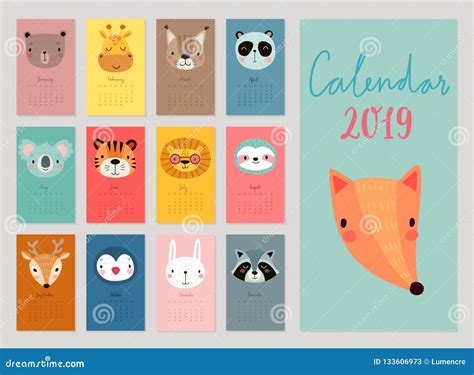 Calendar 2019. Cute Monthly Calendar with Animals Stock Vector ...