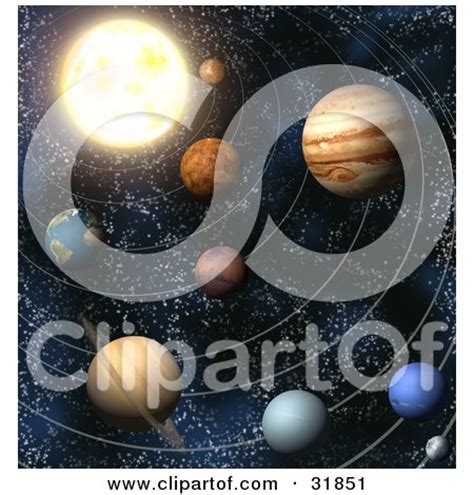 Planets Of Our Solar System In Outer Space With Lines Of Orbit Posters