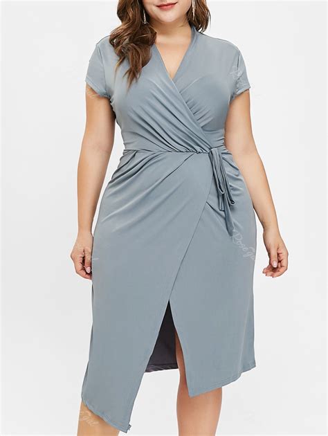 [71 Off] Short Sleeve Plus Size Front Slit Midi Dress Rosegal