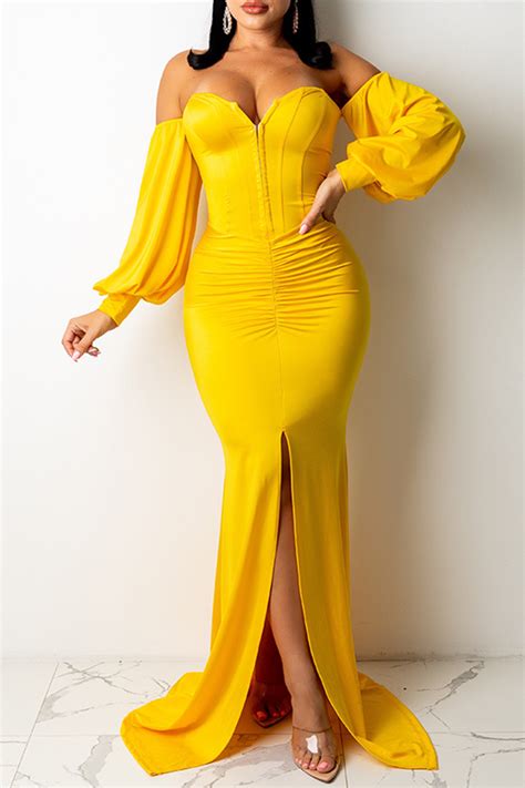 Yellow Sexy Solid Patchwork Off The Shoulder Irregular Dress Dresses Club Dresses