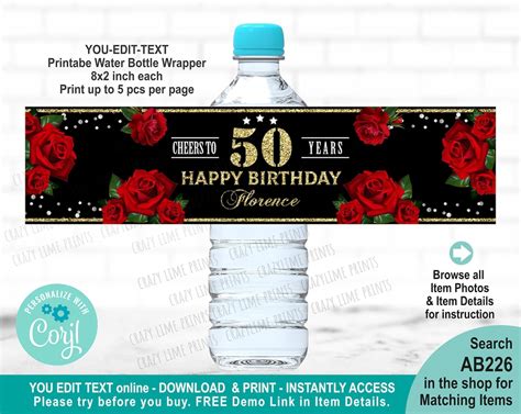 Editable Red Rose Gold Black Woman 50th Birthday Water Bottle Label Template Printable Party