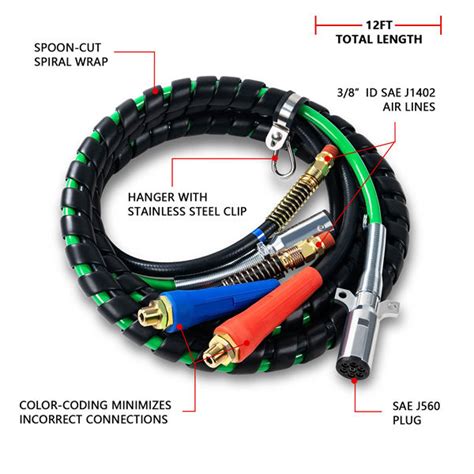 12ft 3 In 1 ABS Power Air Line Hose Kit Airline Air Hose Wrap 7 Way