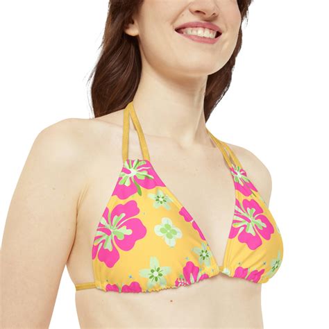 Hawaiian Hibiscus Strappy Bikini Set Yellow Bathing Suit Pink Hibiscus