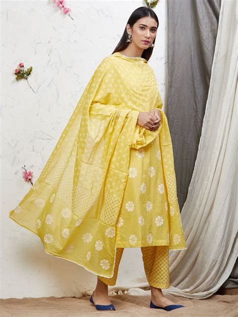 Buy Yellow Hand Block Printed Cotton Kameez With Salwar And Dupatta