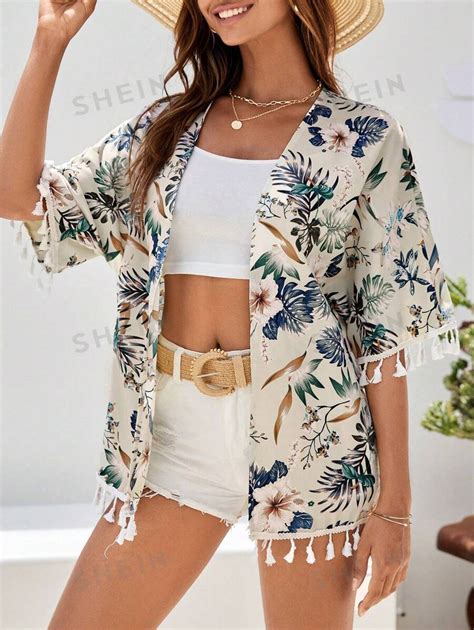 Shein Vcay Tropical Print Tassel Trim Kimono Shein Usa