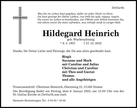 Traueranzeigen Von Hildegard Heinrich Trauerportal Hildesheimer