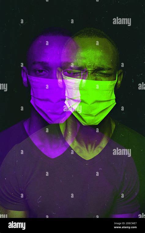 Close Up Portrait Of African Man Wearing Face Mask Background Modern And Trendy Duotone Effect