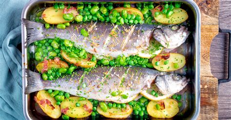 Whole Baked Sea Bass with Potatoes and Broad Beans - Krumpli