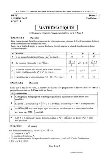 Tous Les Sujets Et Corrig S De Maths Bepc Zone Et By So