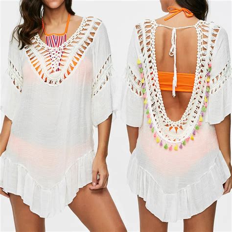 Sexy Open Back Tunic Colore Tassel Bikini Cover Up Swimwear Women Swim