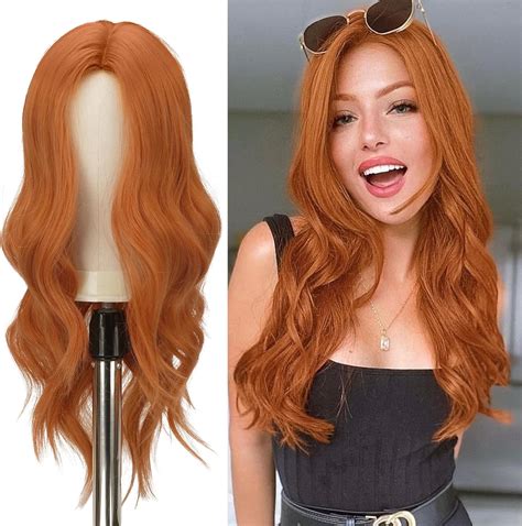 Feshfen Long Wavy Orange Wigs For Women 22 Inch Middle Parting Natural