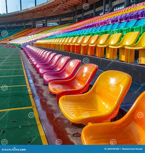 Stadium Grandstand Adorned With Colorful Rows Of Plastic Seating Stock