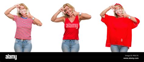 Collage Of Beautiful Middle Age Blonde Woman Over White Isolated Backgroud Smiling Making Frame