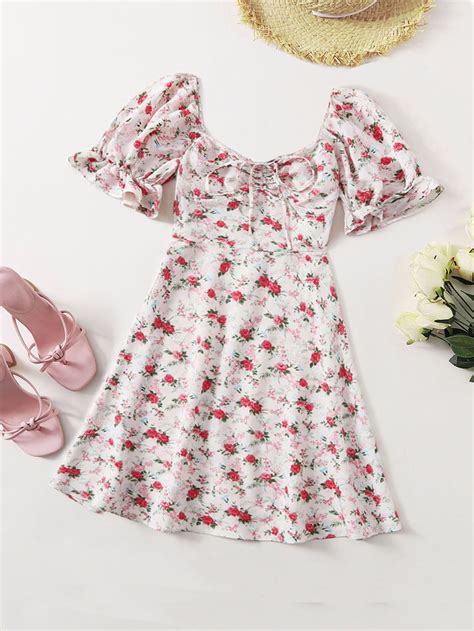sweetheart neck flounce sleeve ditsy floral dress floral dresses