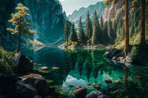 Premium Photo An Image Of Mountain Lake Surrounded By Trees Generative AI