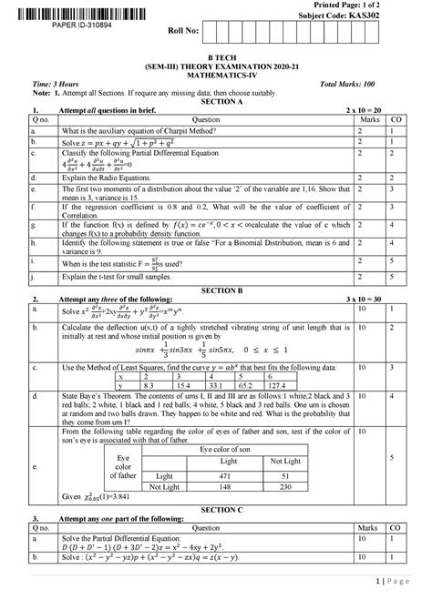 Btech Mathematics 4 2021 Question Paper Printed Page 1 Of 2 Subject