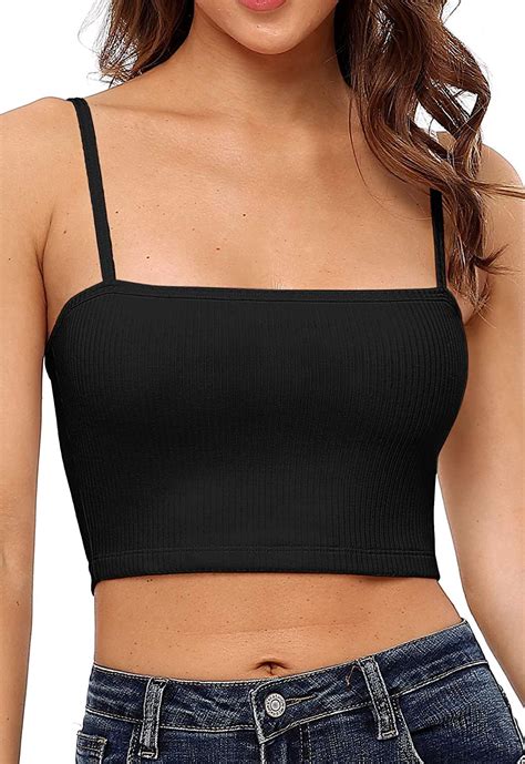 Charmo Womens Ribbed Crop Top Adjustable Spaghetti Straps Basic Cami