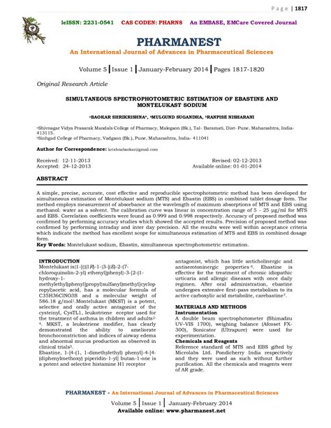 Pdf Simultaneous Spectrophotometric Estimation Of Ebastine And