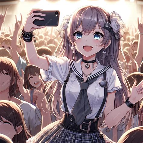 Premium Photo | Cheerful Anime Girl Taking Selfie at Music Festival